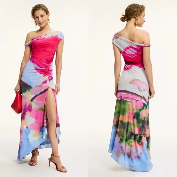 AMUR Dresses & Skirts - AMUR Ella Dress Abstract Floral Printed Jersey Asymmetric Draped Maxi Multi 10